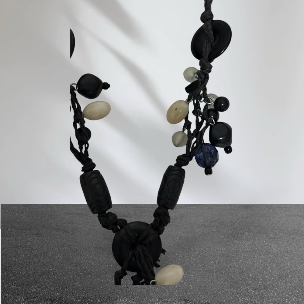 Button and Bead Necklace with Black Chord Black/White Women - Picture 7 of 8